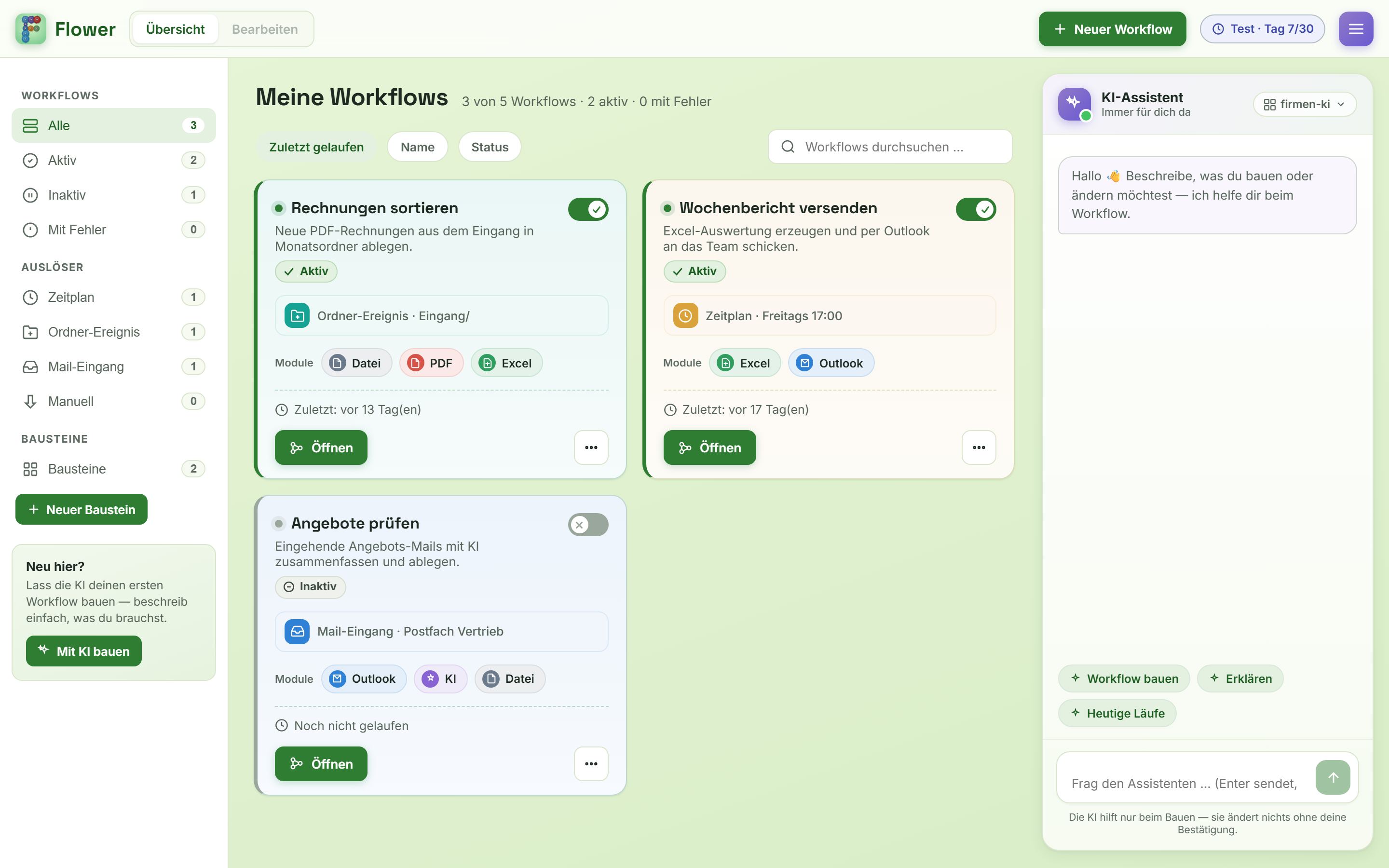 Übersichts-Seite mit allen angelegten Workflows und ihrem Status